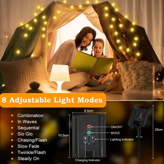 Lichterkette Außen Solar Wetterfest, 200 LED 3M+ 24M 8 Modi IP65 Warmweiß Outdoor Solarlichterkette Aussen Wetterfeste Lampions Kristallkugeln für Balkon Deko Terrassen Garten Weihnachten Partys