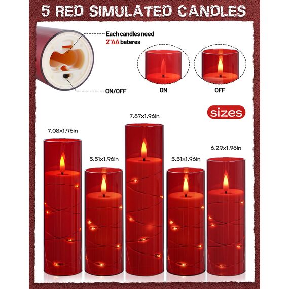 Da by LED Kerzen mit Eingelassener Lichterkette，Batteriebetriebene Kerzen mit Fernbedienung und 24 Stunde Timer，Flackernde Led Kerzen Für Weihnachtsdekoration,Heimdekoration(rot, 5er-Set)