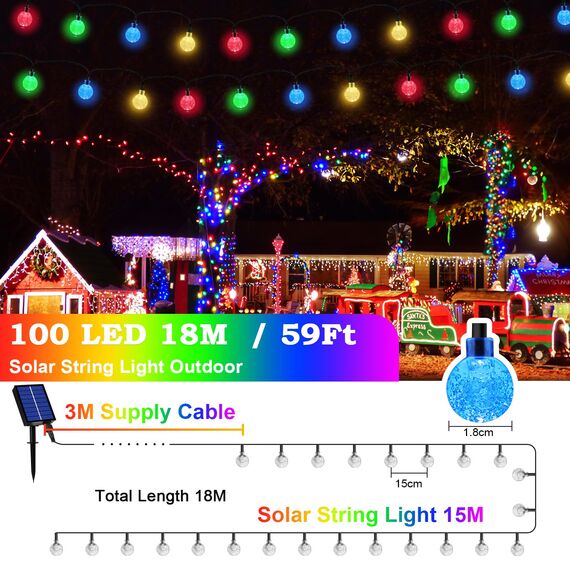 Lichterkette Außen Solar Wetterfest, 100 LED 3M +15M 8 Modi IP65 Solarlichterkette Bunt Kristall Kugeln Außen/Innen Lichter Beleuchtung für Balkon Terrassen Garten Bäume Weihnachten Partys Fenster