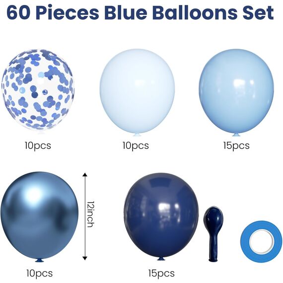 Luftballons Blau 60 Stück 12 zoll, Blaue Ballons Navy Pastell Blau Hellblau Latex Luftballons Metallic Konfetti Ballons Set für Mann Geburtstag Hochzeit Weihnachten Abschluss Party Deko