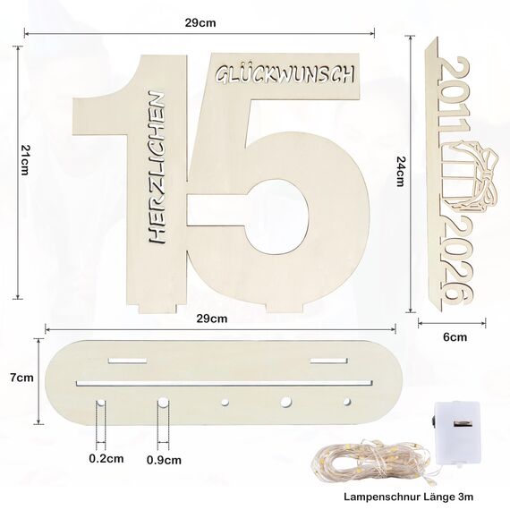 Seutgjie Deko 15 Geburtstag Mädchen Junge 2011-2026, Geldgeschenke Geburtstag 15 mit LED Lichterkette Geschenkpapier, 15 Jahre Jubiläum Kristallhochzeit Hochzeitstag Holz Schild Gästebuch