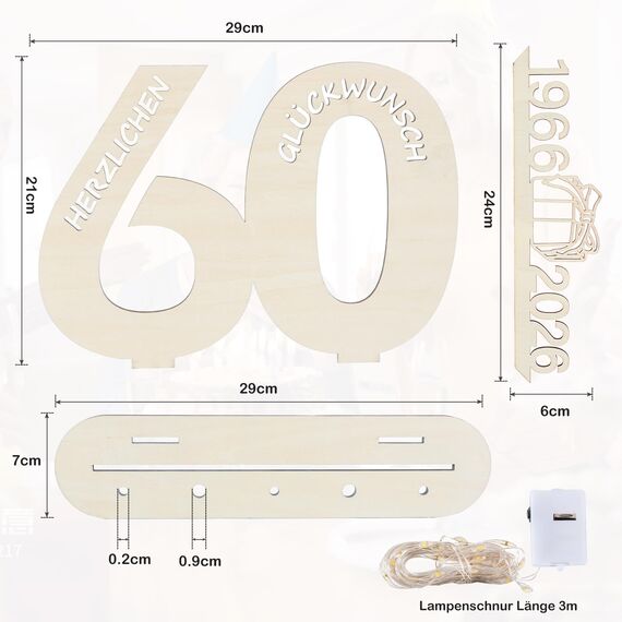 Seutgjie Originelle Geschenk 60 Geburtstag Mann Frau 1966-2026, 60. Geburtstag Jubiläum Deko Tischdeko Holz Schild Gästebuch, Geldgeschenke Geburtstag 60 mit LED Lichterkette Geschenkpapier