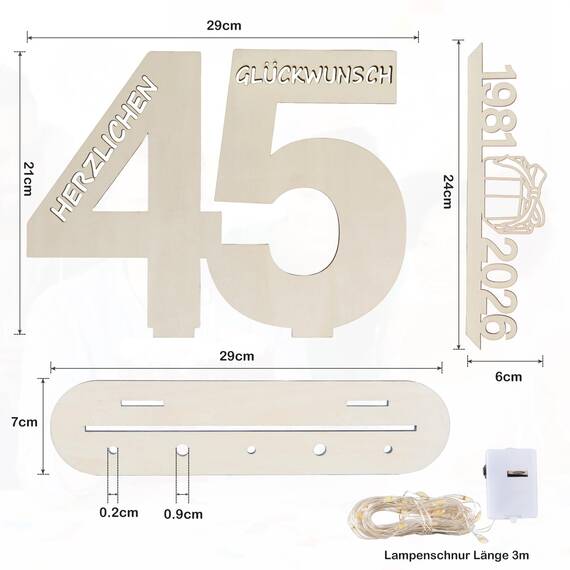 Seutgjie Originelle Geschenk 45 Geburtstag Mann Frau 1981-2026, 45 Hochzeitstag Holz Schild Gästebuch, Geldgeschenke Geburtstag 45 mit LED Lichterkette Geschenkpapier, 45 Geburtstag Deko