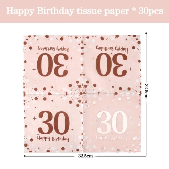Servietten 30. geburtstag, 30 Stück Rosa Geburtstags Servietten, Happy Birthday 30 Servietten, 3-Lagig Milestone 30 Tischdekoration Papierservietten für Frau Geburtstag Feiern Party Jubiläum
