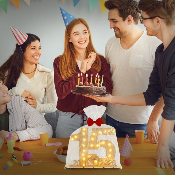 Seutgjie Deko 15 Geburtstag Mädchen Junge 2011-2026, Geldgeschenke Geburtstag 15 mit LED Lichterkette Geschenkpapier, 15 Jahre Jubiläum Kristallhochzeit Hochzeitstag Holz Schild Gästebuch