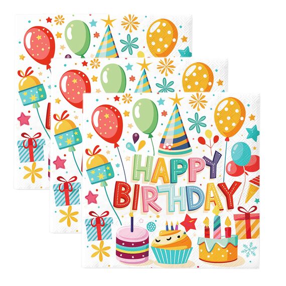 40 Stück servietten geburtstag, 33x33cm tischdeko geburtstag servietten,Bunte Luftballons, Kuchen, servietten kindergeburtstag für Junge Mädchen Geburtstag Party Deko