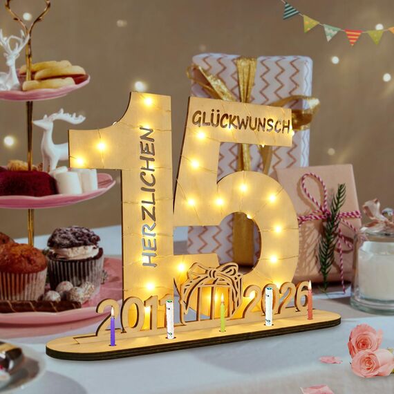 Seutgjie Deko 15 Geburtstag Mädchen Junge 2011-2026, Geldgeschenke Geburtstag 15 mit LED Lichterkette Geschenkpapier, 15 Jahre Jubiläum Kristallhochzeit Hochzeitstag Holz Schild Gästebuch