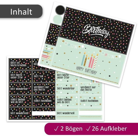 younikat Aufkleber-Set Happy Birthday Konfetti und Happy Birthday Mint passend für zwei Duplo Pralinen Packungen I 26 Aufkleber I Geschenk-Idee Mitbringsel I dv1366
