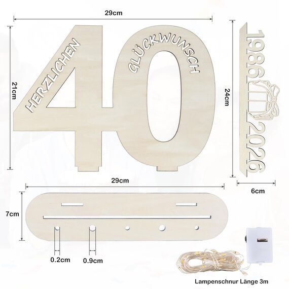 Seutgjie Originelle Geschenk 40 Geburtstag Frauen Männer 1986-2026, Deko 40 Jahre Geburtstag Jubiläum Rubinhochzeit, Geldgeschenke Geburtstag 40 Holz Schild mit LED Lichterkette Geschenkpapier