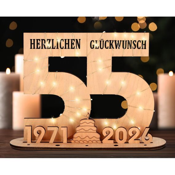 Giftota - 2026 Originelle 55 Geburtstag Geschenk Frauen & Männer - Geldgeschenke Geburtstag 55 mit LED Lichterkette Ständer - Holz-Schild Gästebuch - 55 Geburtstag Deko - Personalisierbares Geschenk