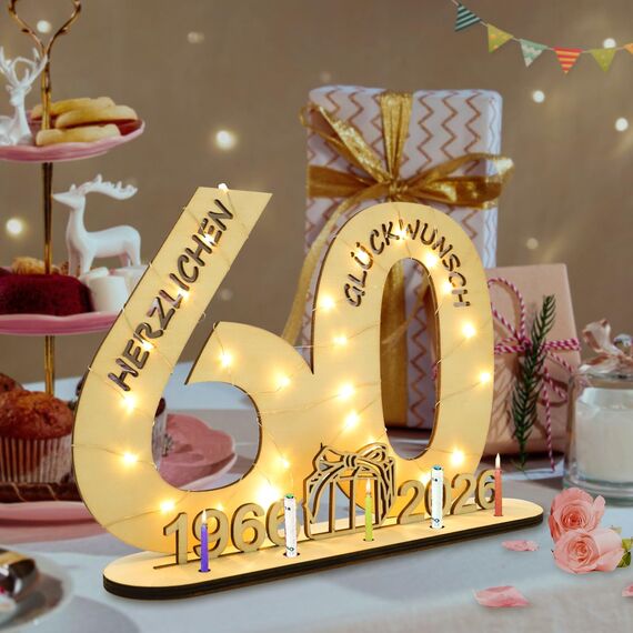 Seutgjie Originelle Geschenk 60 Geburtstag Mann Frau 1966-2026, 60. Geburtstag Jubiläum Deko Tischdeko Holz Schild Gästebuch, Geldgeschenke Geburtstag 60 mit LED Lichterkette Geschenkpapier