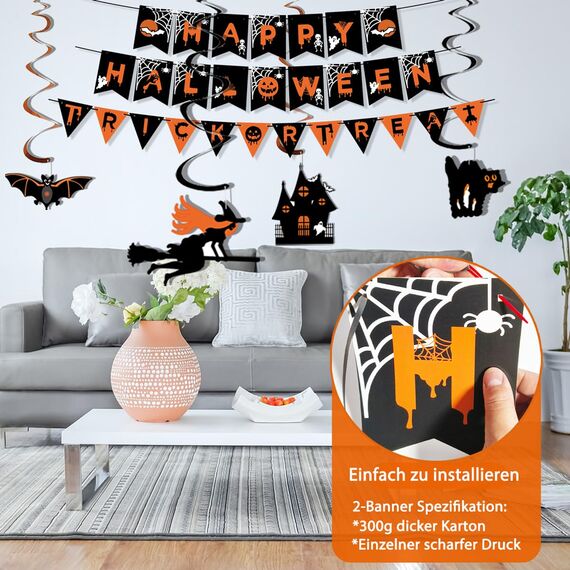 AMLOOPH Halloween Deko Innen Set - Gruselige Party Dekoration Mit Wiederverwendbarer Girlande, Banner, Luftballons, Fledermaus, Geist, Kürbis für Türdeko