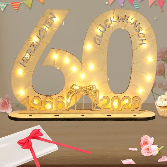 Seutgjie Originelle Geschenk 60 Geburtstag Mann Frau 1966-2026, 60. Geburtstag Jubiläum Deko Tischdeko Holz Schild Gästebuch, Geldgeschenke Geburtstag 60 mit LED Lichterkette Geschenkpapier