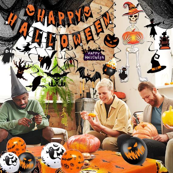 iZoeL XXL Halloween Partydeko Gruselig Party Stoff, Horror HAPPY HALLOWEEN Girlande,Spiralen Deckendeko,Skelettgeister, Tischdecke,Gruselige Luftballons, Gruselig Party Deko