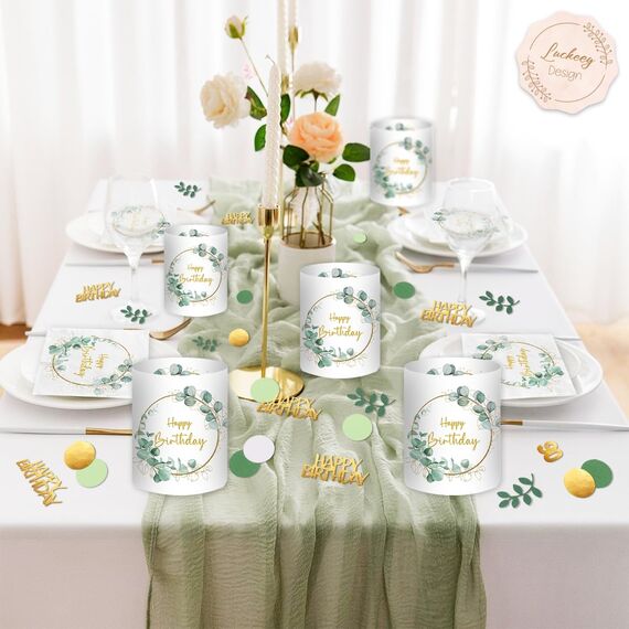 20 Stück Servietten Happy Birthday+ 12 Stück Windlicht Tischdeko Geburtstag + 100 Stück Konfetti Geburtstag Deko Grün, Geburtstagsdeko Frau Mann Mädchen Junge Kinder, Eukalyptus Tisch Deko