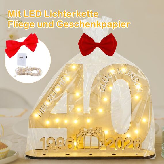 Seutgjie Originelle Geschenk 40 Geburtstag Frauen Männer 1986-2026, Deko 40 Jahre Geburtstag Jubiläum Rubinhochzeit, Geldgeschenke Geburtstag 40 Holz Schild mit LED Lichterkette Geschenkpapier