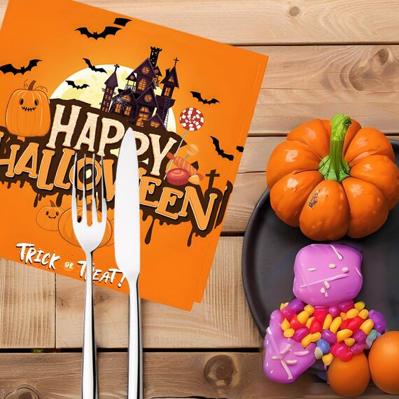 Halloween Servietten - 40 Stück Orange Kürbis Tischdeko für Party, Karneval und Happy Halloween Deko (33×33cm)