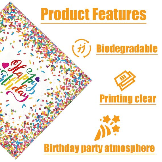 40 Stück servietten geburtstag,33x33cm tischdeko geburtstag servietten bunt Konfetti, servietten kindergeburtstag für Junge Mädchen Geburtstag Party Deko