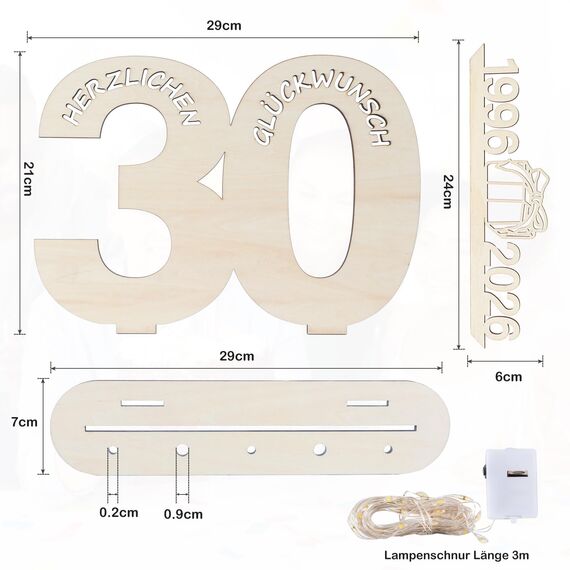 Seutgjie Originelle Geschenk 30 Geburtstag Frauen Männer 1996-2026, 30 Geburtstag Deko Tischdeko Perlenhochzeit, Geldgeschenke Geburtstag 30 mit LED Lichterkette Geschenkpapier Holz Schild Gästebuch