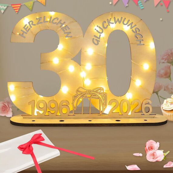 Seutgjie Originelle Geschenk 30 Geburtstag Frauen Männer 1996-2026, 30 Geburtstag Deko Tischdeko Perlenhochzeit, Geldgeschenke Geburtstag 30 mit LED Lichterkette Geschenkpapier Holz Schild Gästebuch