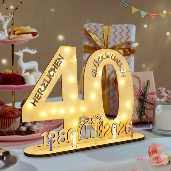 Seutgjie Originelle Geschenk 40 Geburtstag Frauen Männer 1986-2026, Deko 40 Jahre Geburtstag Jubiläum Rubinhochzeit, Geldgeschenke Geburtstag 40 Holz Schild mit LED Lichterkette Geschenkpapier