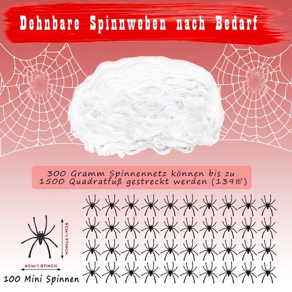 AMLOOPH Spinnennetz Halloween Deko Set, 300g Weiß Dehnbare Spinnweben Halloween Spinnennetz Dekoration Mit 100 Plastik Spinnen für Gruselige Deko Outdoor Garten Innen Horror Party Dekoration