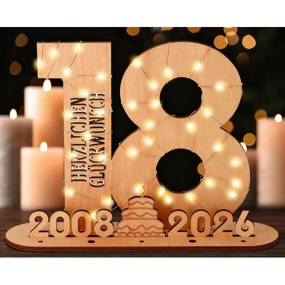 Giftota - 2026 Originelle 18 Geburtstag Geschenk Mädchen & Jungen - Geldgeschenke Geburtstag 18 mit LED Lichterkette Ständer - Holz-Schild Gästebuch - 18 Geburtstag Deko - Personalisierbares Geschenk