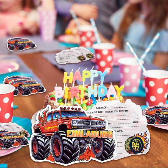 BOYATONG 12× Einladungskarten Kindergeburtstag Junge, Monstertruck Einladungskarten Geburtstag, Truck Geburtstagseinladungen Jungen, Einladung Kindergeburtstag Junge für Themed Party