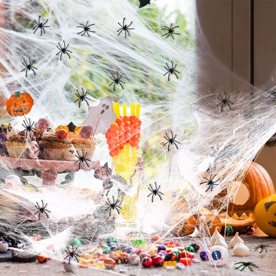 AMLOOPH Spinnennetz Halloween Deko Set, 300g Weiß Dehnbare Spinnweben Halloween Spinnennetz Dekoration Mit 100 Plastik Spinnen für Gruselige Deko Outdoor Garten Innen Horror Party Dekoration