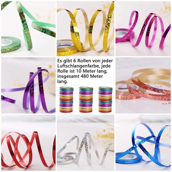 480 Meter Langen Luftschlange Geburtstag, 48 Funkelnd Bunte Luftschlangen in 8 Farben. Perfekt für Hochzeit Deko, Geburtstags Deko, Silvester Deko, Geschenkband und Verschiedene Feierliche Anlässe