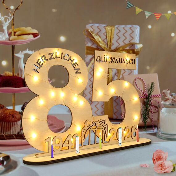 Seutgjie Geschenk 85 Geburtstag Frau Mann 1941-2026, 85 Geburtstag Deko Tischdeko, Geldgeschenke Geburtstag 85 mit LED Lichterkette Geschenkpapier Holz Schild Gästebuch