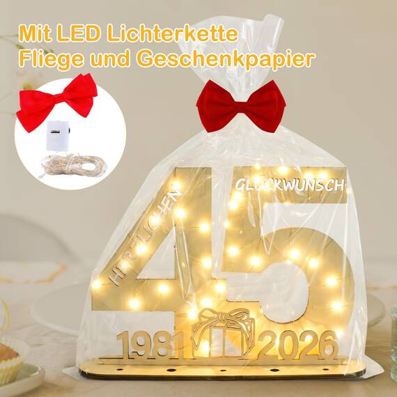 Seutgjie Originelle Geschenk 45 Geburtstag Mann Frau 1981-2026, 45 Hochzeitstag Holz Schild Gästebuch, Geldgeschenke Geburtstag 45 mit LED Lichterkette Geschenkpapier, 45 Geburtstag Deko