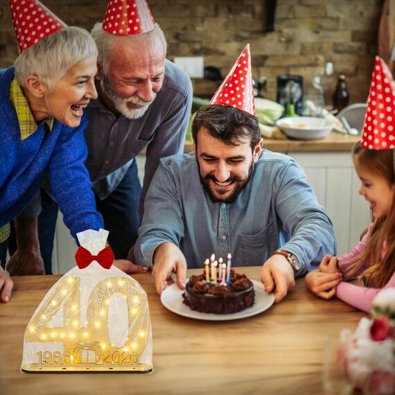 Seutgjie Originelle Geschenk 40 Geburtstag Frauen Männer 1986-2026, Deko 40 Jahre Geburtstag Jubiläum Rubinhochzeit, Geldgeschenke Geburtstag 40 Holz Schild mit LED Lichterkette Geschenkpapier