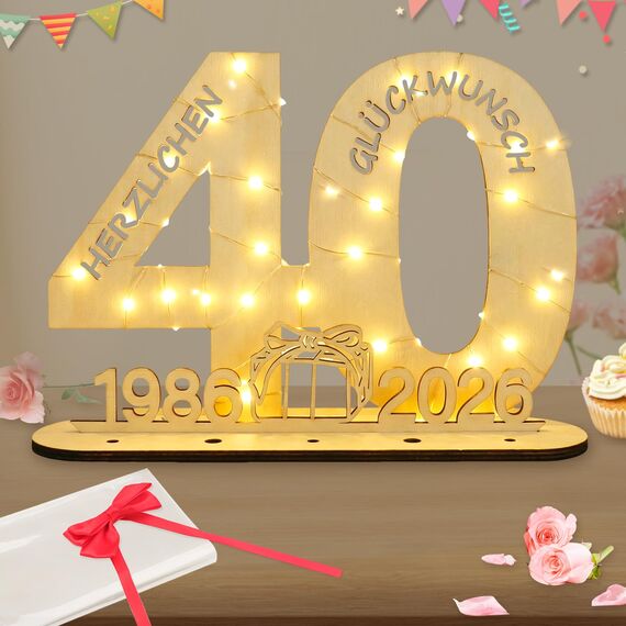 Seutgjie Originelle Geschenk 40 Geburtstag Frauen Männer 1986-2026, Deko 40 Jahre Geburtstag Jubiläum Rubinhochzeit, Geldgeschenke Geburtstag 40 Holz Schild mit LED Lichterkette Geschenkpapier