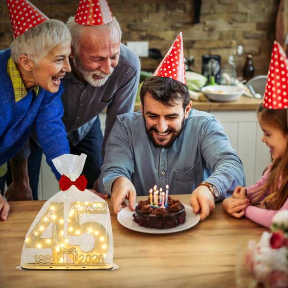 Seutgjie Originelle Geschenk 45 Geburtstag Mann Frau 1981-2026, 45 Hochzeitstag Holz Schild Gästebuch, Geldgeschenke Geburtstag 45 mit LED Lichterkette Geschenkpapier, 45 Geburtstag Deko