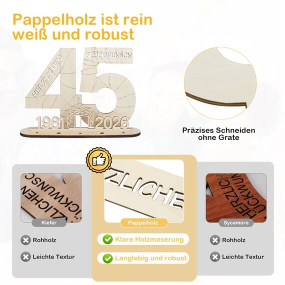 Seutgjie Originelle Geschenk 45 Geburtstag Mann Frau 1981-2026, 45 Hochzeitstag Holz Schild Gästebuch, Geldgeschenke Geburtstag 45 mit LED Lichterkette Geschenkpapier, 45 Geburtstag Deko