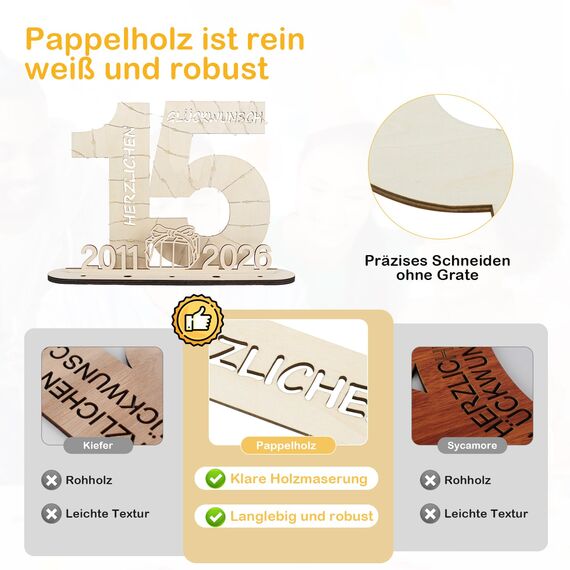 Seutgjie Deko 15 Geburtstag Mädchen Junge 2011-2026, Geldgeschenke Geburtstag 15 mit LED Lichterkette Geschenkpapier, 15 Jahre Jubiläum Kristallhochzeit Hochzeitstag Holz Schild Gästebuch