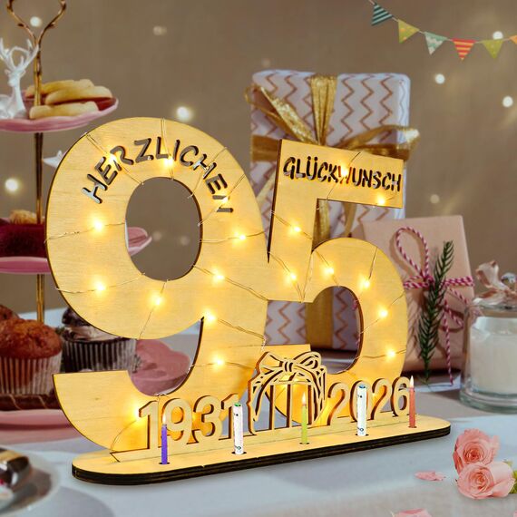 Seutgjie Geschenk 95. Geburtstag Frau Mann 1931-2026, Karte zum 95 Geburtstag Jubiläum Deko Holz Schild Gästebuch, Geldgeschenke Geburtstag 95 mit LED Lichterkette Geschenkpapier
