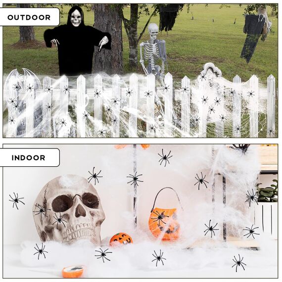 AMLOOPH Spinnennetz Halloween Deko Set, 300g Weiß Dehnbare Spinnweben Halloween Spinnennetz Dekoration Mit 100 Plastik Spinnen für Gruselige Deko Outdoor Garten Innen Horror Party Dekoration