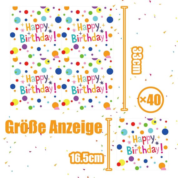 40 Stück servietten geburtstag,33x33cm tischdeko geburtstag servietten bunt gepunkteter, happy birthday serviettes kindergeburtstag für Junge Mädchen Geburtstag Party Deko