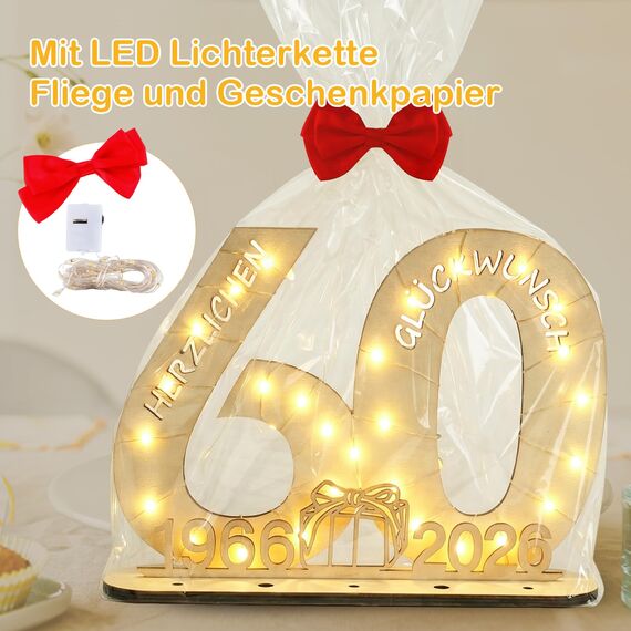 Seutgjie Originelle Geschenk 60 Geburtstag Mann Frau 1966-2026, 60. Geburtstag Jubiläum Deko Tischdeko Holz Schild Gästebuch, Geldgeschenke Geburtstag 60 mit LED Lichterkette Geschenkpapier