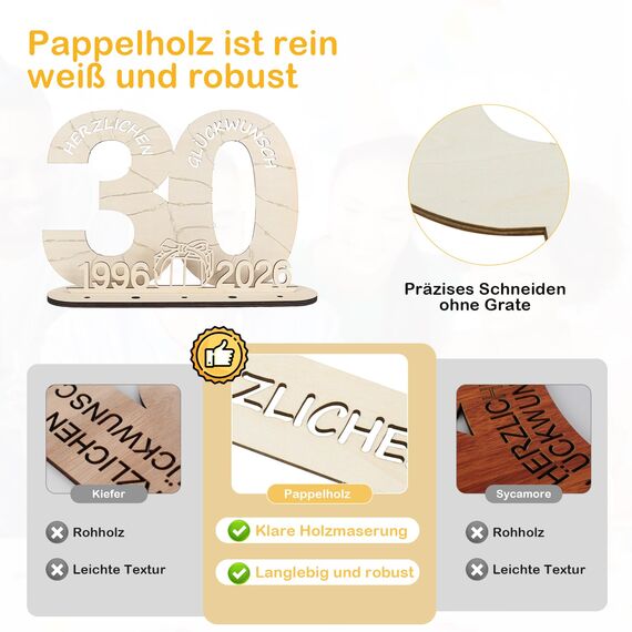 Seutgjie Originelle Geschenk 30 Geburtstag Frauen Männer 1996-2026, 30 Geburtstag Deko Tischdeko Perlenhochzeit, Geldgeschenke Geburtstag 30 mit LED Lichterkette Geschenkpapier Holz Schild Gästebuch