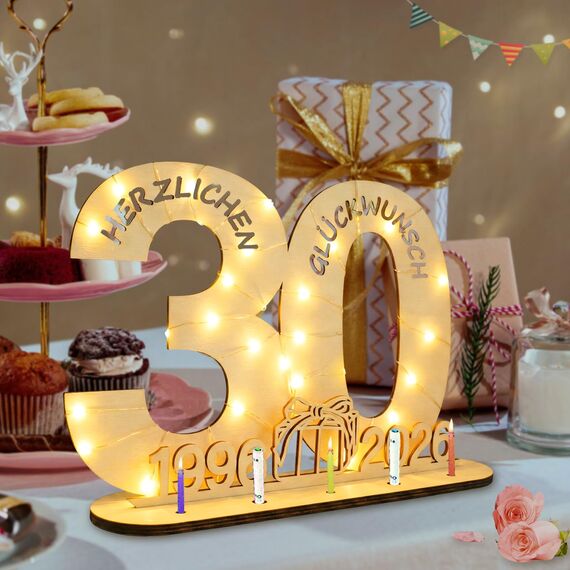 Seutgjie Originelle Geschenk 30 Geburtstag Frauen Männer 1996-2026, 30 Geburtstag Deko Tischdeko Perlenhochzeit, Geldgeschenke Geburtstag 30 mit LED Lichterkette Geschenkpapier Holz Schild Gästebuch