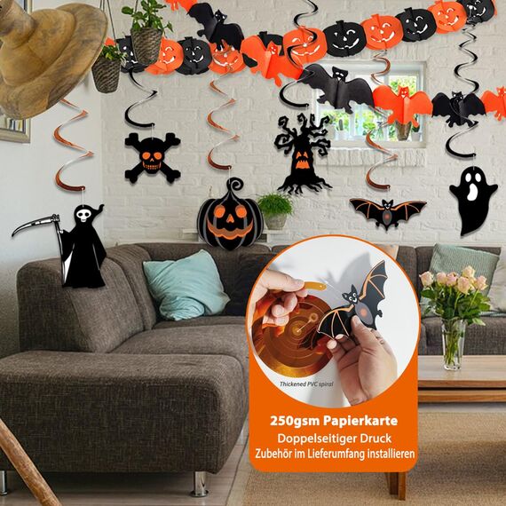 AMLOOPH Halloween Deko Innen Set - Gruselige Party Dekoration Mit Wiederverwendbarer Girlande, Banner, Luftballons, Fledermaus, Geist, Kürbis für Türdeko