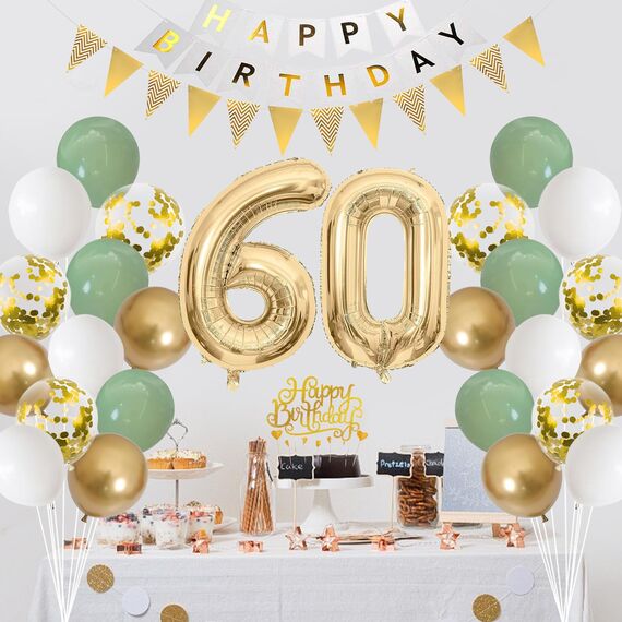 60. Geburtstag Deko Salbeigrüne - Luftballon für Männer und Frauen, Ballon Grün Weiß Gold, Zahl 60 Folienballon, Tortendeko für 60. Dekoration