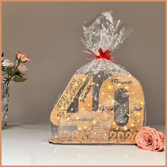 YUNLI Holz-Schild Gästebuch, 40 Geburtstag Frauen & Männer, Geburtstag Jubiläum mit LED Lichterkette und Cellophantüten, 2026 Holzschild Gästebuch Geburtstag, Geburtstagszahlen 40 Jahre Tischdeko