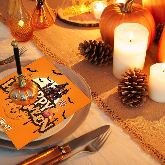 Halloween Servietten - 40 Stück Orange Kürbis Tischdeko für Party, Karneval und Happy Halloween Deko (33×33cm)