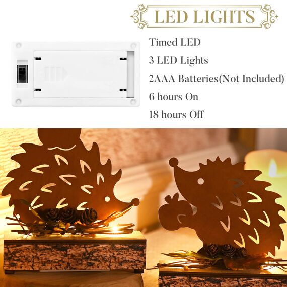 Valery Madelyn 2er Herbstdeko Igel Figuren mit LED Timer aus Rost Metall,Holz Stimmungsleuchten für Herbst Deko Innen Tisch Fenster,Holz Sockel,Beidseitig Rostig,Geschenk Fall Decor Halloween,15/16cm