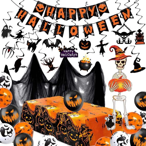 iZoeL XXL Halloween Partydeko Gruselig Party Stoff, Horror HAPPY HALLOWEEN Girlande,Spiralen Deckendeko,Skelettgeister, Tischdecke,Gruselige Luftballons, Gruselig Party Deko