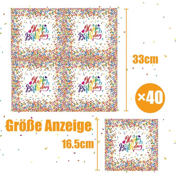 40 Stück servietten geburtstag,33x33cm tischdeko geburtstag servietten bunt Konfetti, servietten kindergeburtstag für Junge Mädchen Geburtstag Party Deko